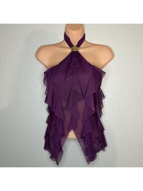 Purple ruffle halter top with gold clasp